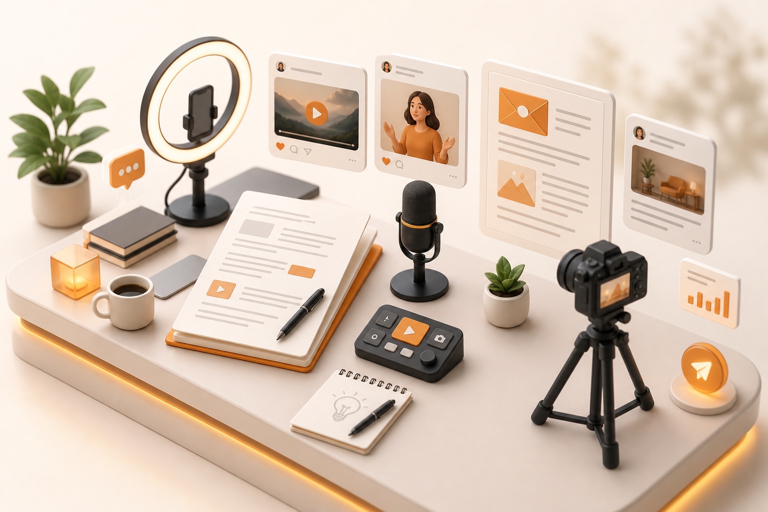 Content creator workspace with script, mic, and social posts